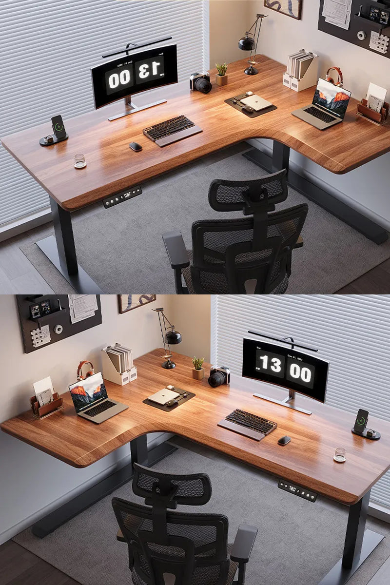 Arc: L-shaped Solid Wood Power Strip Ergo Standing Desk