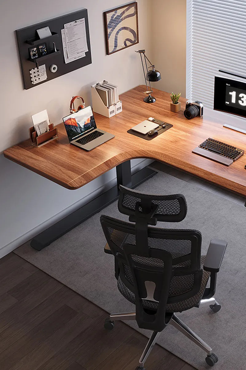 Arc: L-shaped Solid Wood Power Strip Ergo Standing Desk