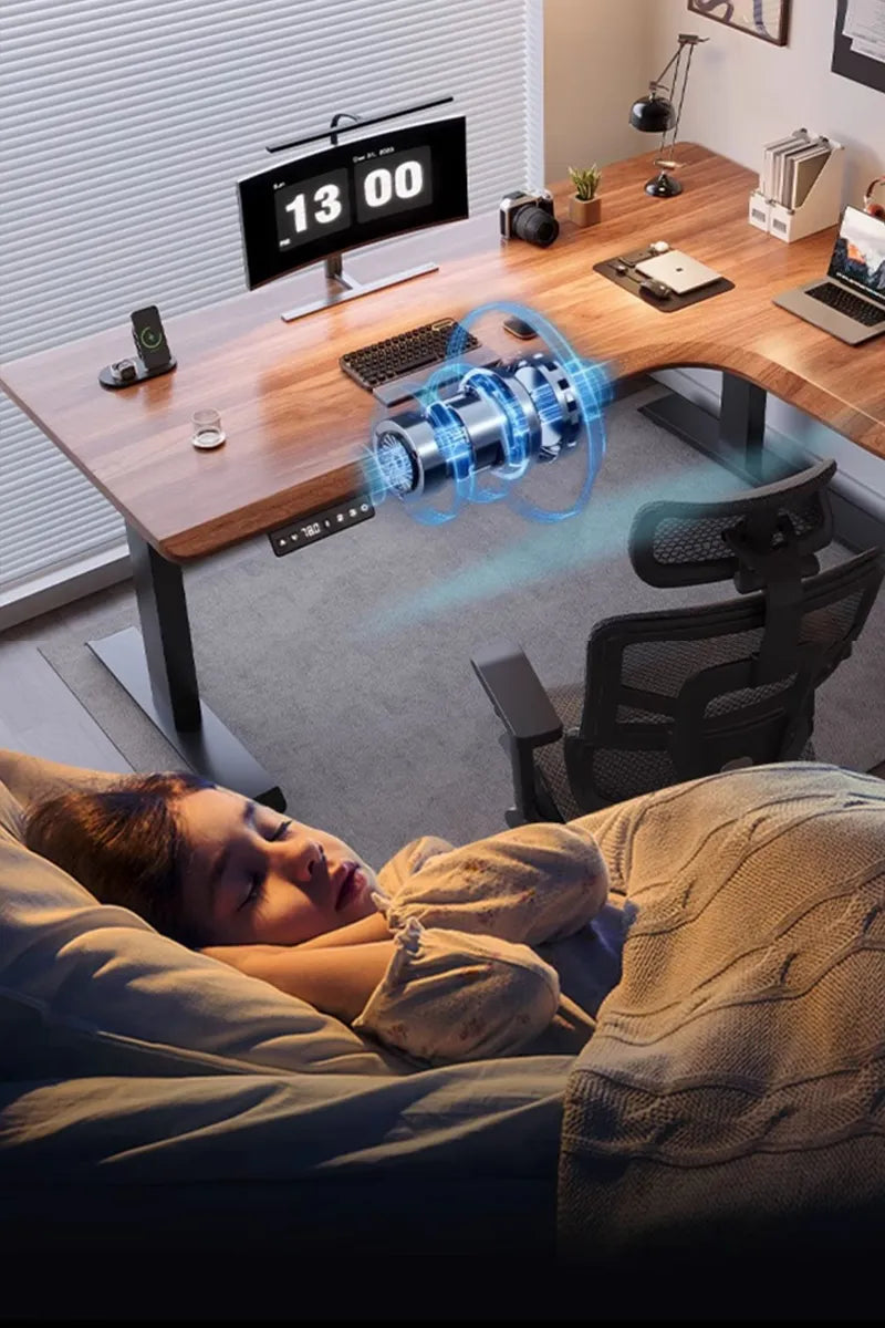 Arc: L-shaped Solid Wood Power Strip Ergo Standing Desk